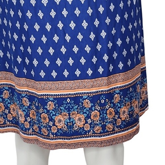 Loveappella Blue Patterned Long Sleeve Criss Cross‎ Open Back Dress - Picture 9 of 12